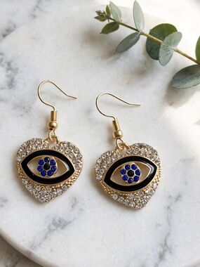 NWOT Gold Heart Evil Eye Drop Earrings with Blue and Black Accents